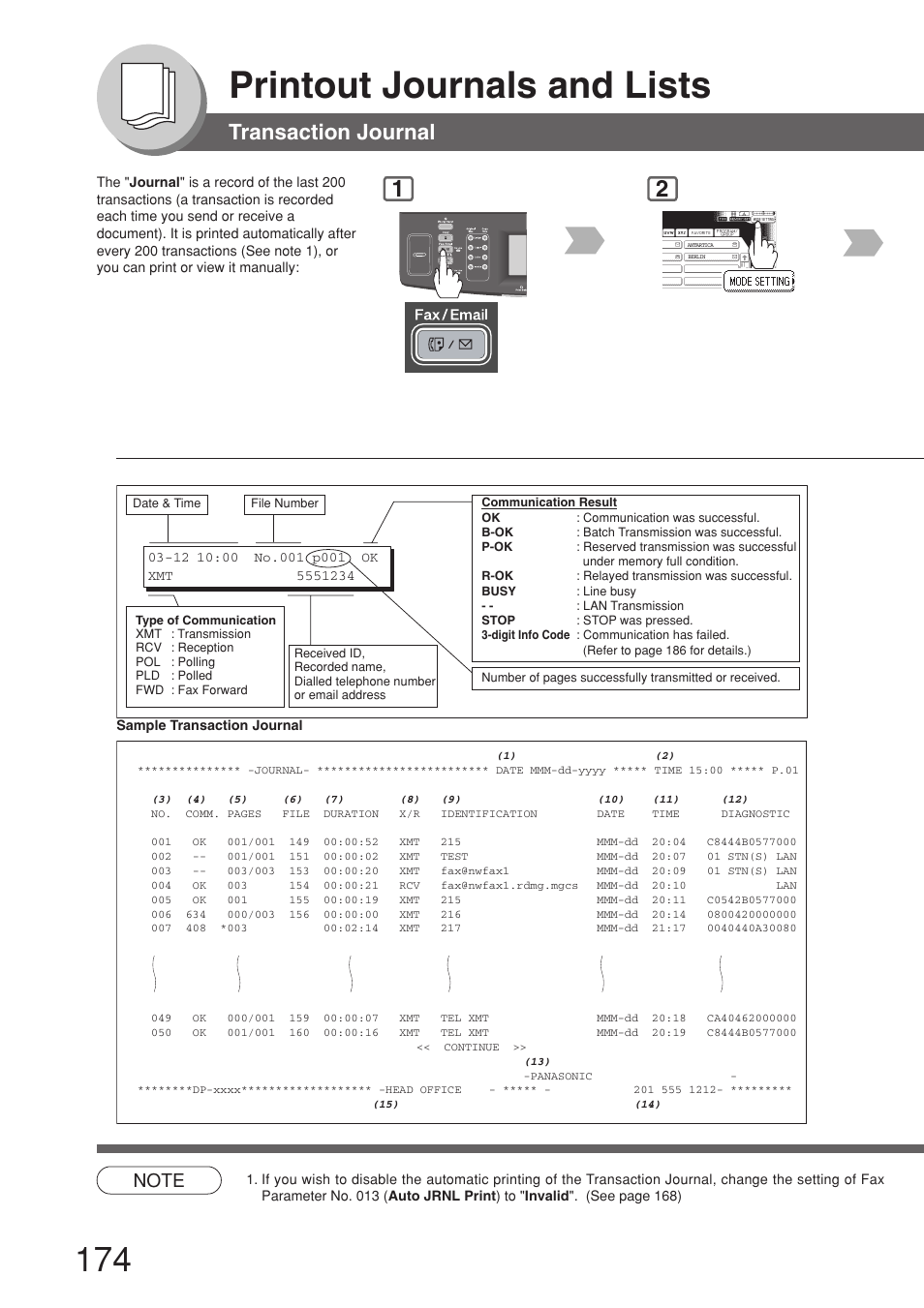 Printout journals and lists, Transaction journal | Panasonic 8045 User Manual | Page 174 / 196