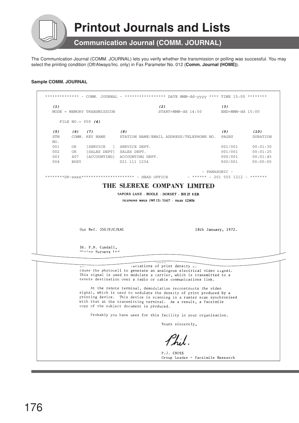 Communication journal (comm. journal), Printout journals and lists | Panasonic 8045 User Manual | Page 176 / 196