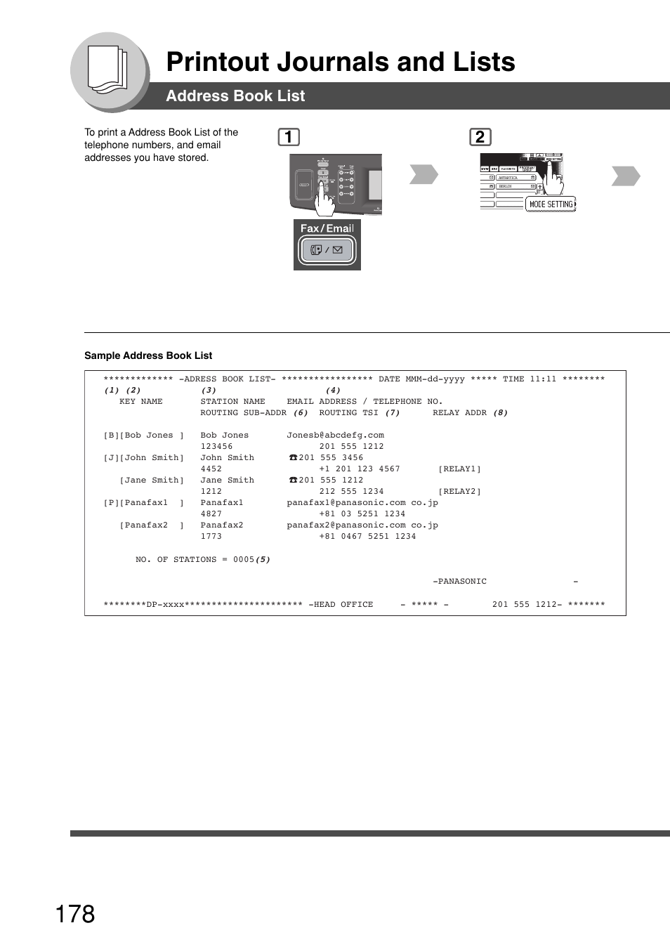 Address book list, Printout journals and lists | Panasonic 8045 User Manual | Page 178 / 196