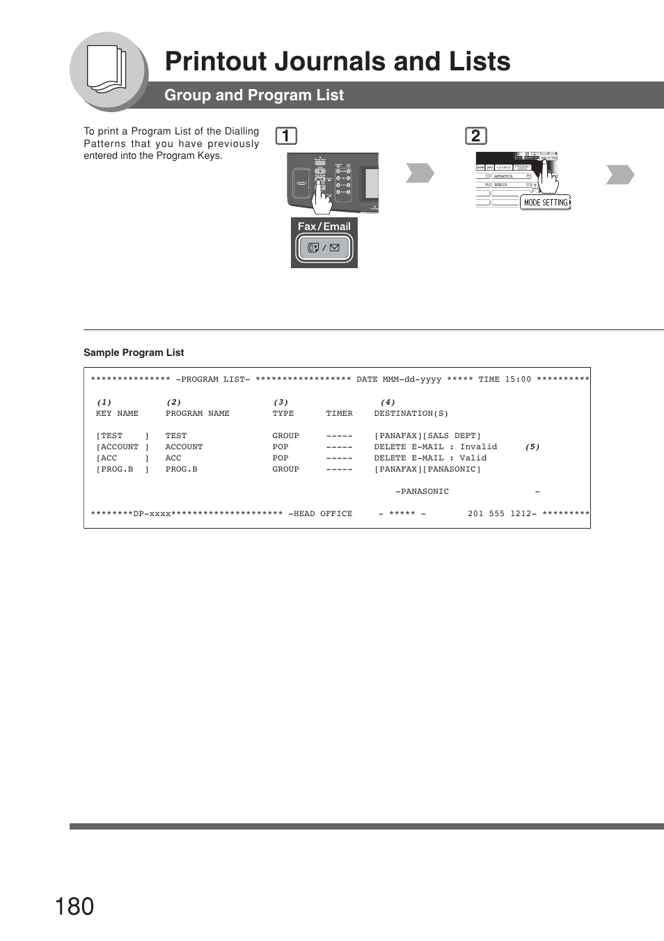 Group and program list, Printout journals and lists | Panasonic 8045 User Manual | Page 180 / 196