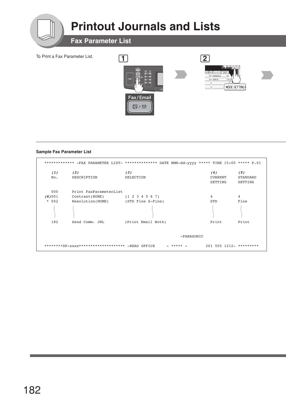 Fax parameter list, Printout journals and lists | Panasonic 8045 User Manual | Page 182 / 196