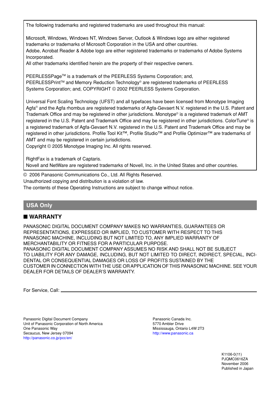 Usa only ■ warranty | Panasonic 8045 User Manual | Page 196 / 196