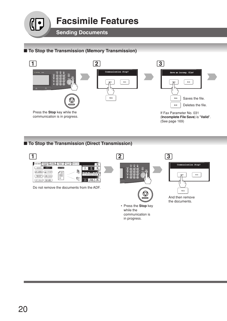 To stop the transmission (memory transmission), To stop the transmission (direct transmission), Facsimile features | Panasonic 8045 User Manual | Page 20 / 196