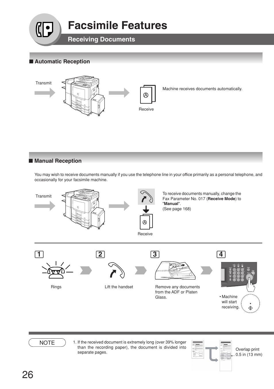 Receiving documents, Automatic reception, Manual reception | Facsimile features | Panasonic 8045 User Manual | Page 26 / 196
