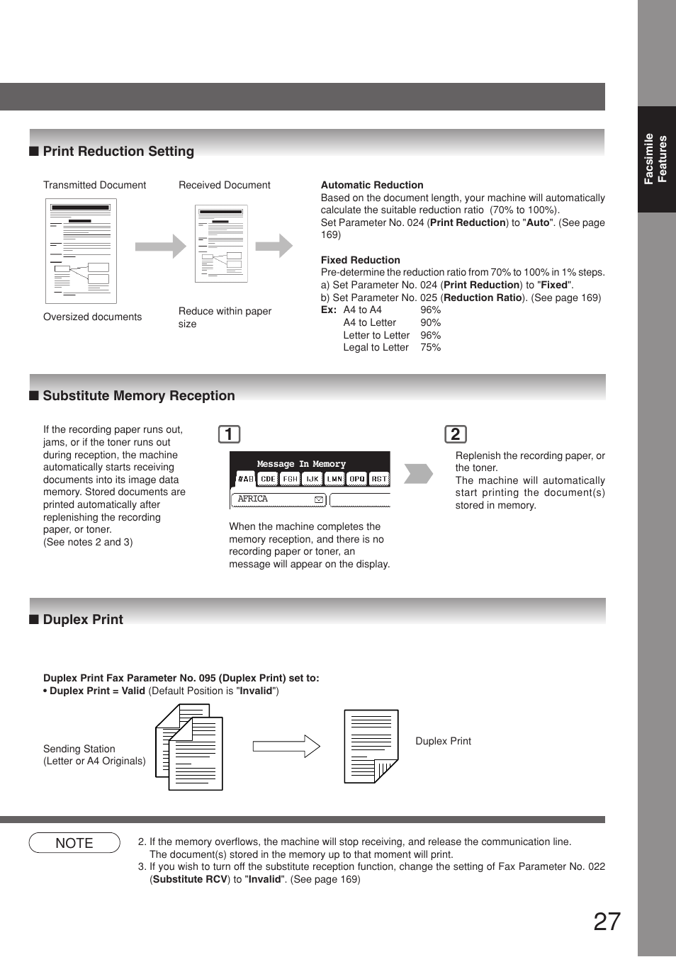 Print reduction setting, Substitute memory reception, Duplex print | Panasonic 8045 User Manual | Page 27 / 196