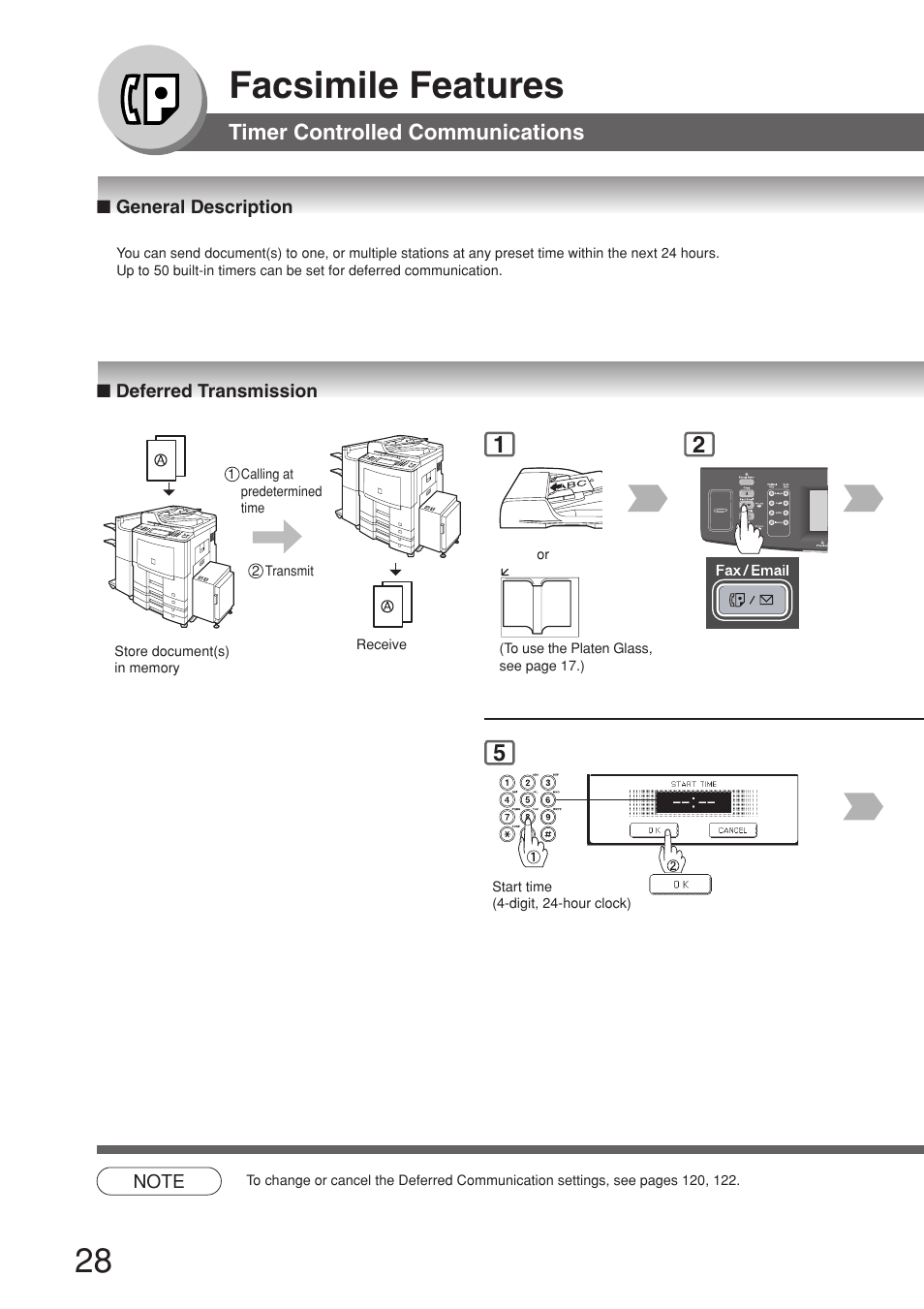 Timer controlled communications, General description, Deferred transmission | Facsimile features | Panasonic 8045 User Manual | Page 28 / 196