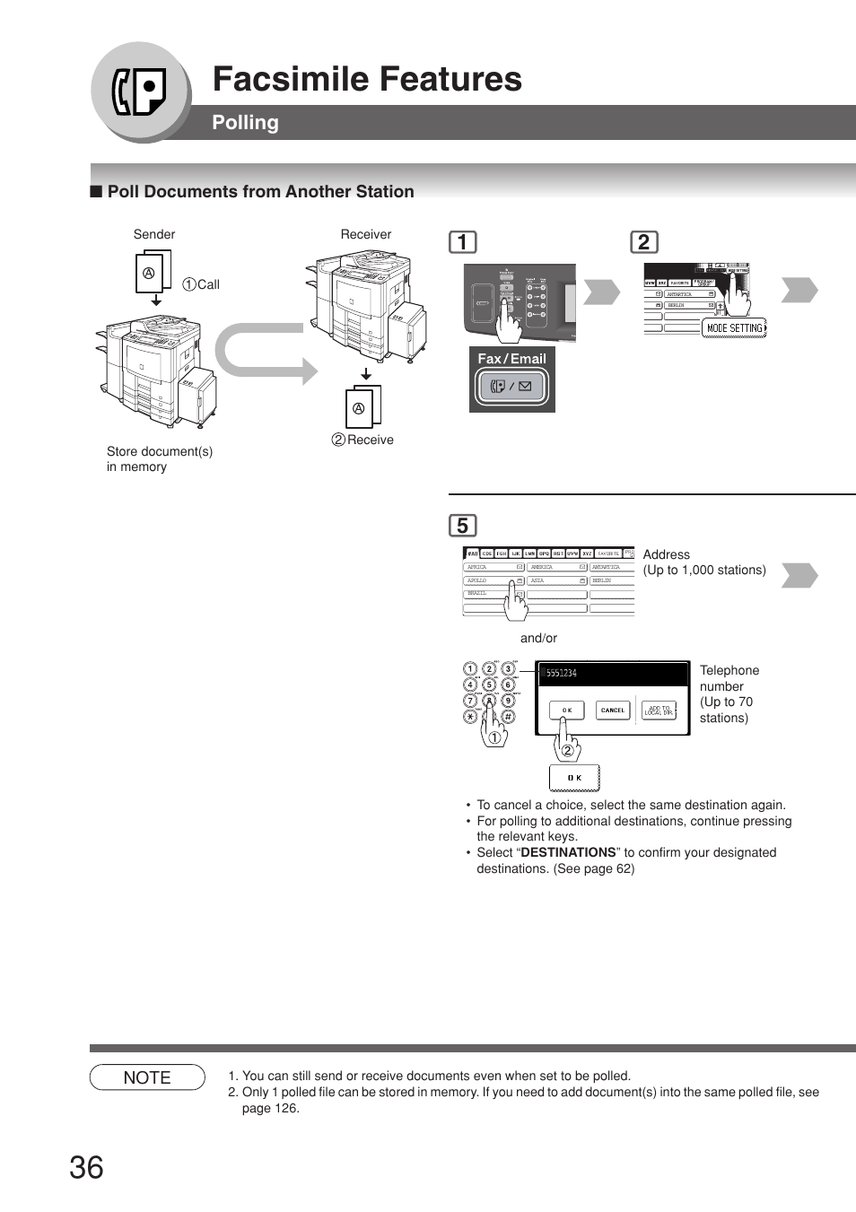 Poll documents from another station, Facsimile features, Polling | Panasonic 8045 User Manual | Page 36 / 196