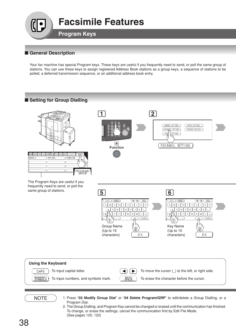 Program keys, General description, Setting for group dialling | Facsimile features | Panasonic 8045 User Manual | Page 38 / 196