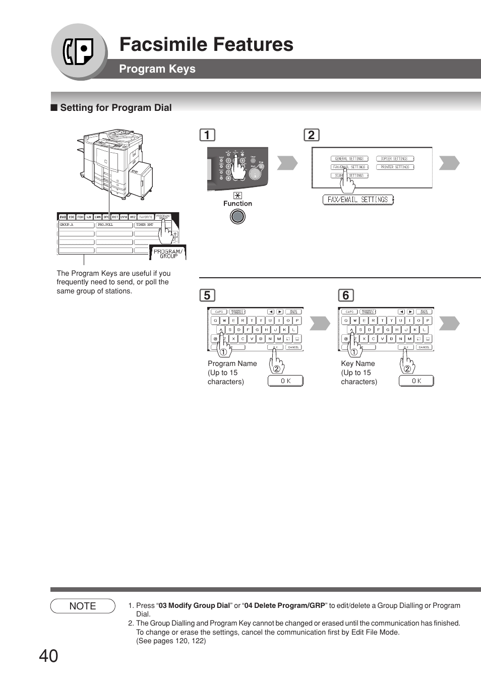 Setting for program dial, Facsimile features, Program keys | Panasonic 8045 User Manual | Page 40 / 196