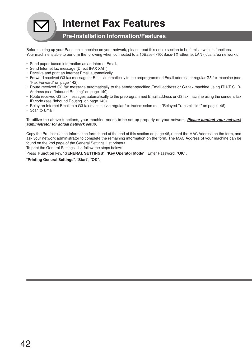 Internet fax features, Pre-installation information/features | Panasonic 8045 User Manual | Page 42 / 196