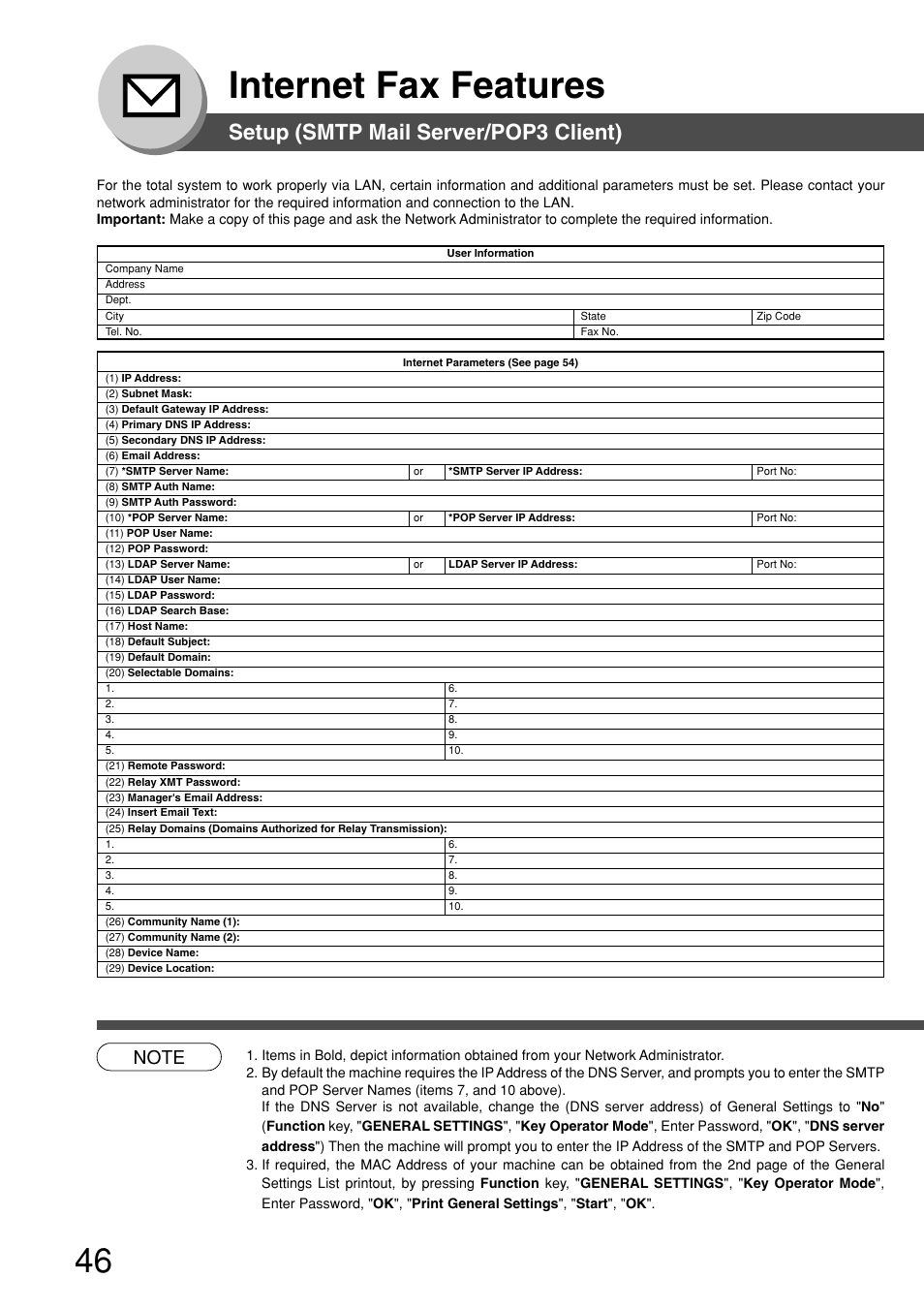 Internet fax features, Setup (smtp mail server/pop3 client) | Panasonic 8045 User Manual | Page 46 / 196