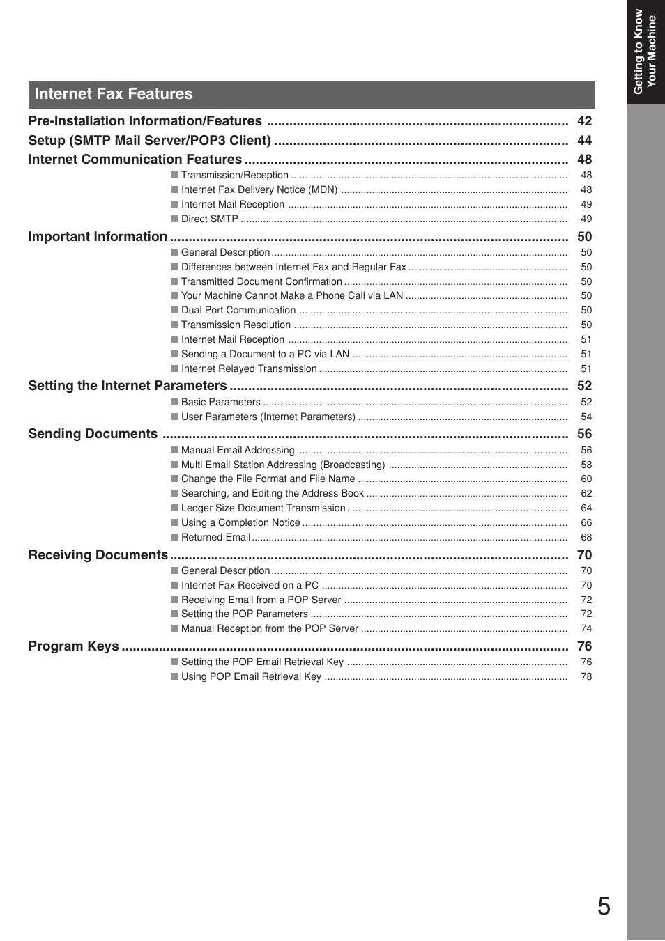 Internet fax features, Important information, Setting the internet parameters | Sending documents, Receiving documents, Program keys | Panasonic 8045 User Manual | Page 5 / 196