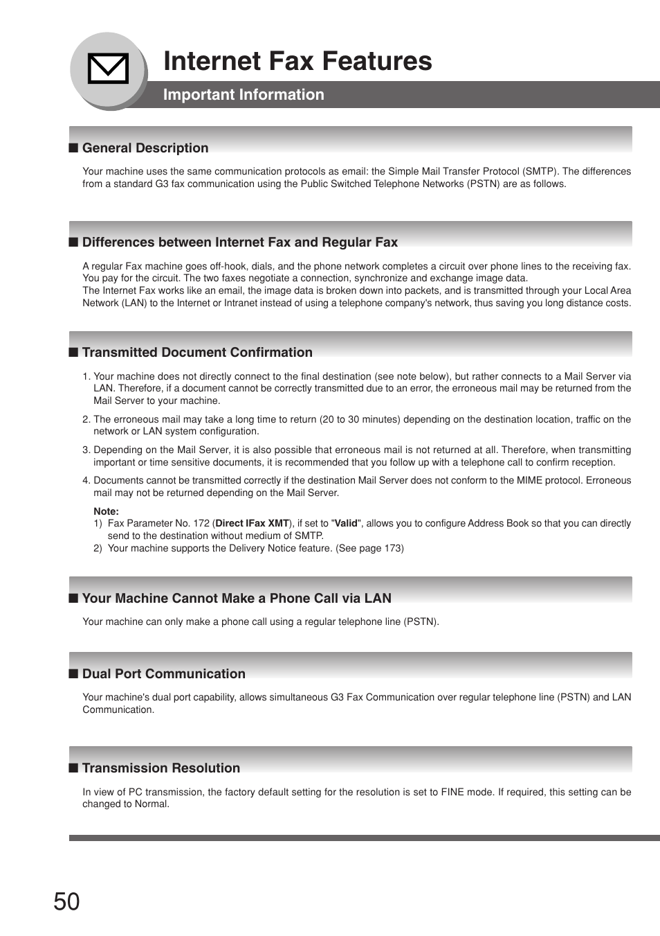 Important information, General description, Differences between internet fax and regular fax | Transmitted document confirmation, Your machine cannot make a phone call via lan, Dual port communication, Transmission resolution, Internet fax features | Panasonic 8045 User Manual | Page 50 / 196