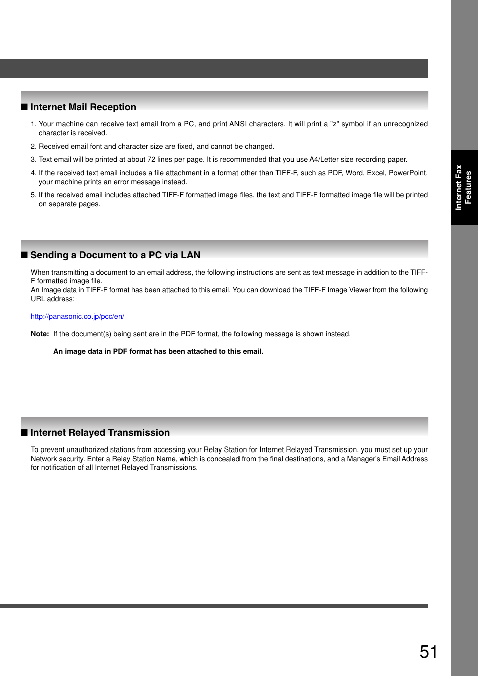 Internet mail reception, Sending a document to a pc via lan, Internet relayed transmission | Panasonic 8045 User Manual | Page 51 / 196