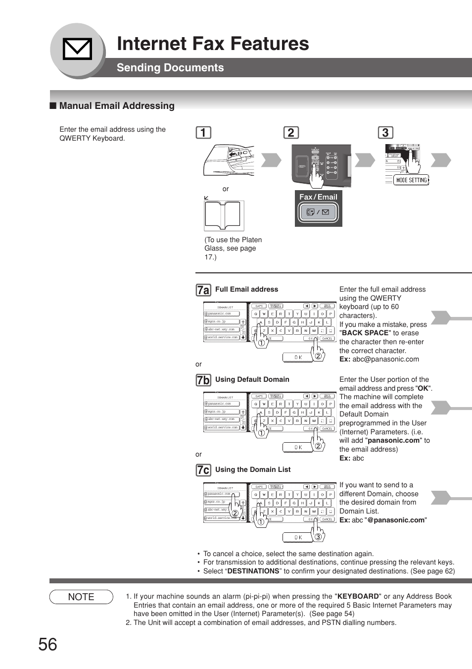Sending documents, Manual email addressing, Internet fax features | 37a 7b 7c | Panasonic 8045 User Manual | Page 56 / 196