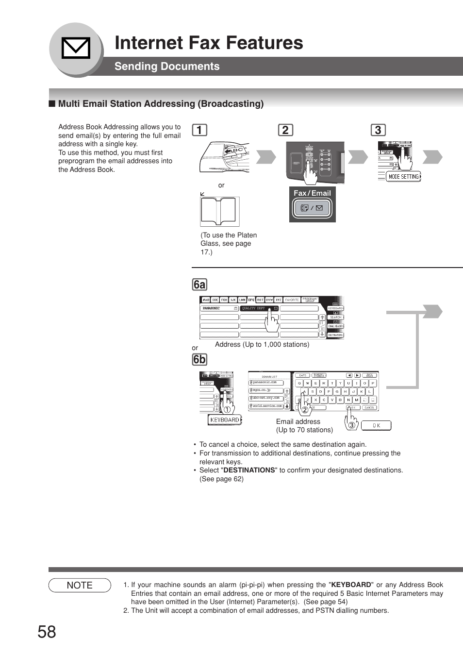 Multi email station addressing (broadcasting), Internet fax features, Sending documents | Panasonic 8045 User Manual | Page 58 / 196