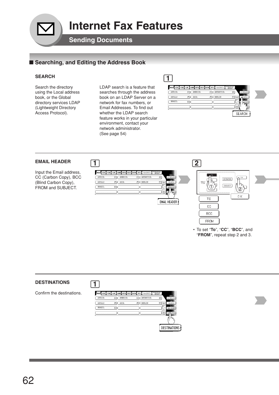 Searching, and editing the address book, Internet fax features, Sending documents | Panasonic 8045 User Manual | Page 62 / 196