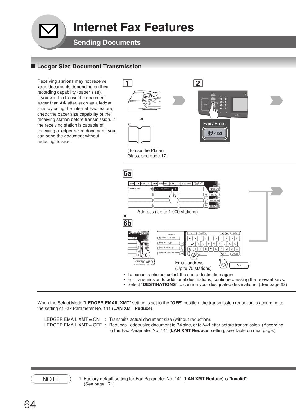 Ledger size document transmission, Internet fax features, Sending documents | Panasonic 8045 User Manual | Page 64 / 196