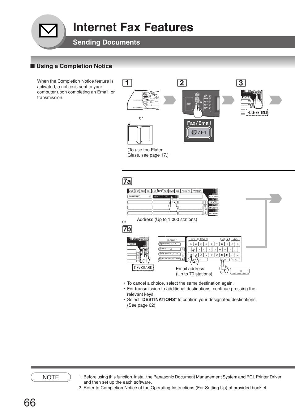Using a completion notice, Internet fax features, Sending documents | Panasonic 8045 User Manual | Page 66 / 196