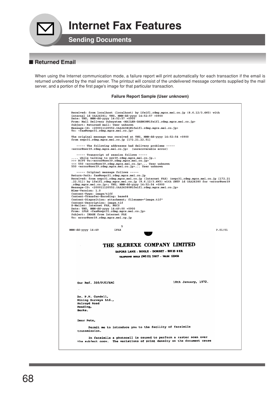 Returned email, Internet fax features, Sending documents | Panasonic 8045 User Manual | Page 68 / 196