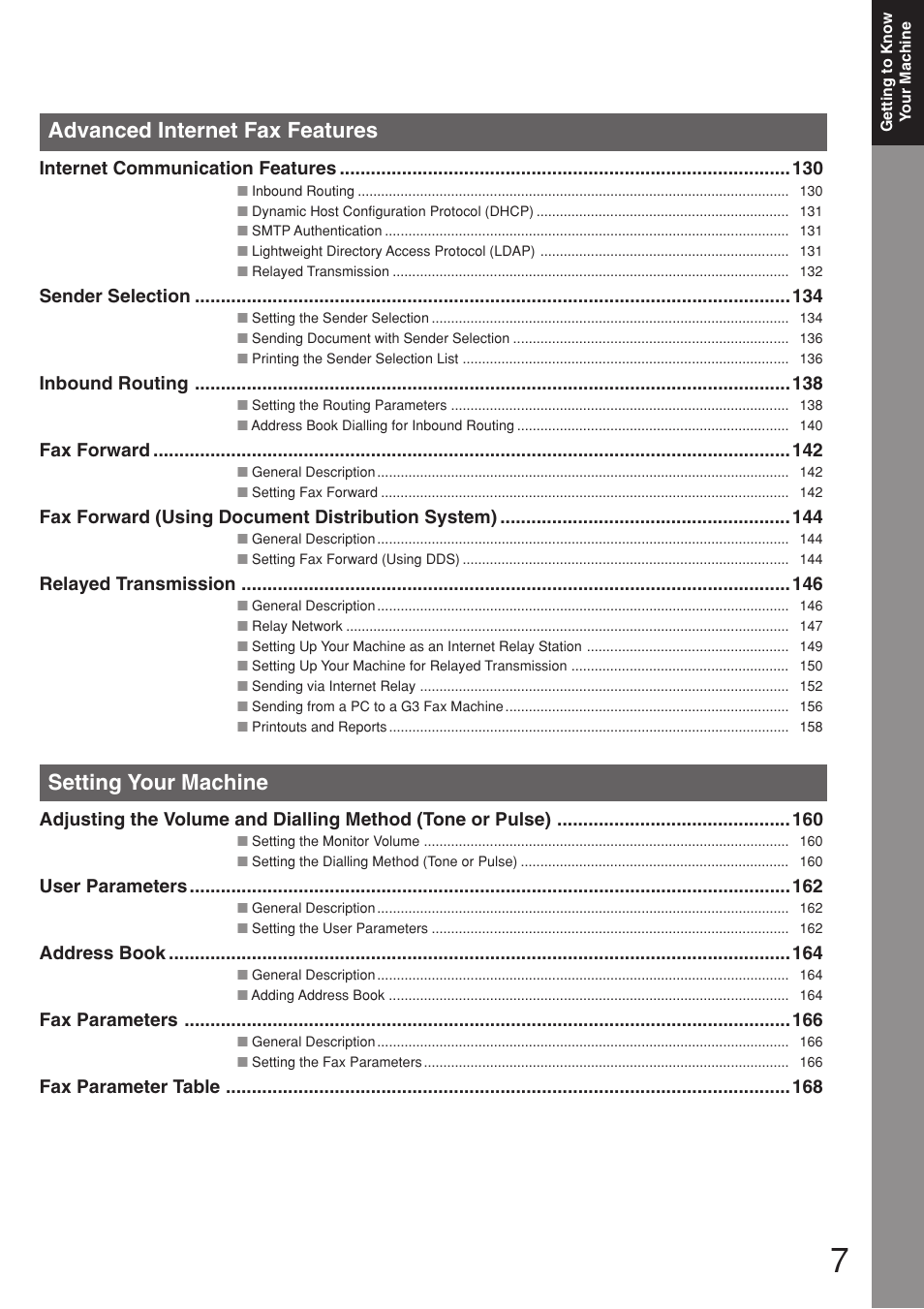 Advanced internet fax features, Setting your machine, Internet communication features | Sender selection, Inbound routing, Fax forward, Fax forward (using document distribution system), Relayed transmission, User parameters, Address book | Panasonic 8045 User Manual | Page 7 / 196