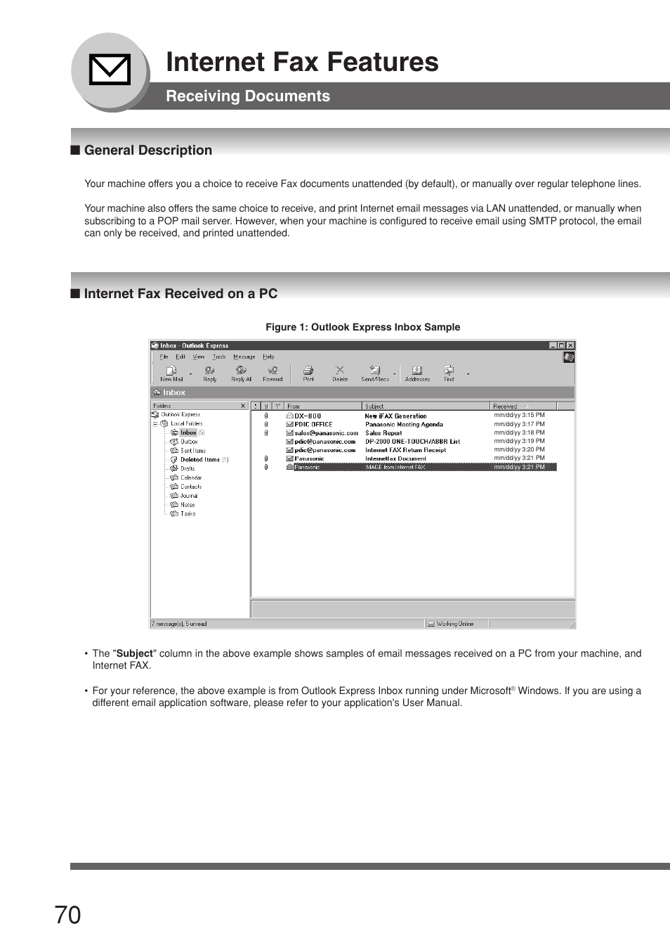 Receiving documents, General description, Internet fax received on a pc | Internet fax features | Panasonic 8045 User Manual | Page 70 / 196
