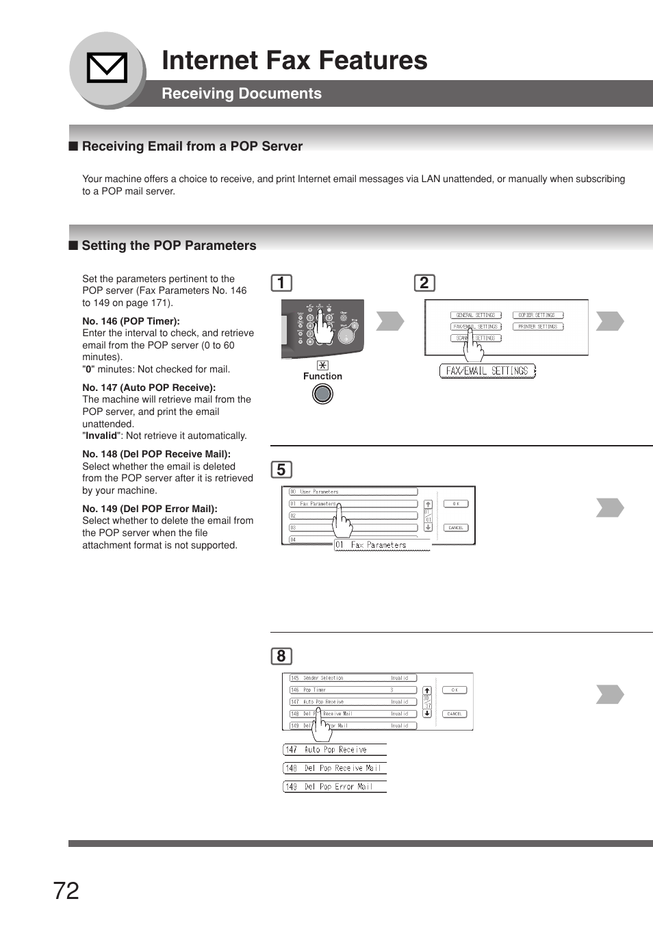 Receiving email from a pop server, Setting the pop parameters, Internet fax features | Panasonic 8045 User Manual | Page 72 / 196