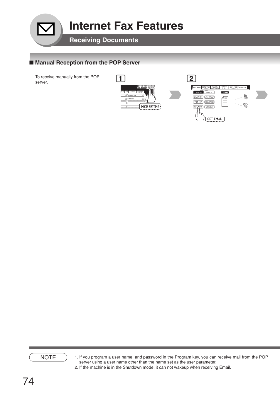Manual reception from the pop server, Internet fax features | Panasonic 8045 User Manual | Page 74 / 196