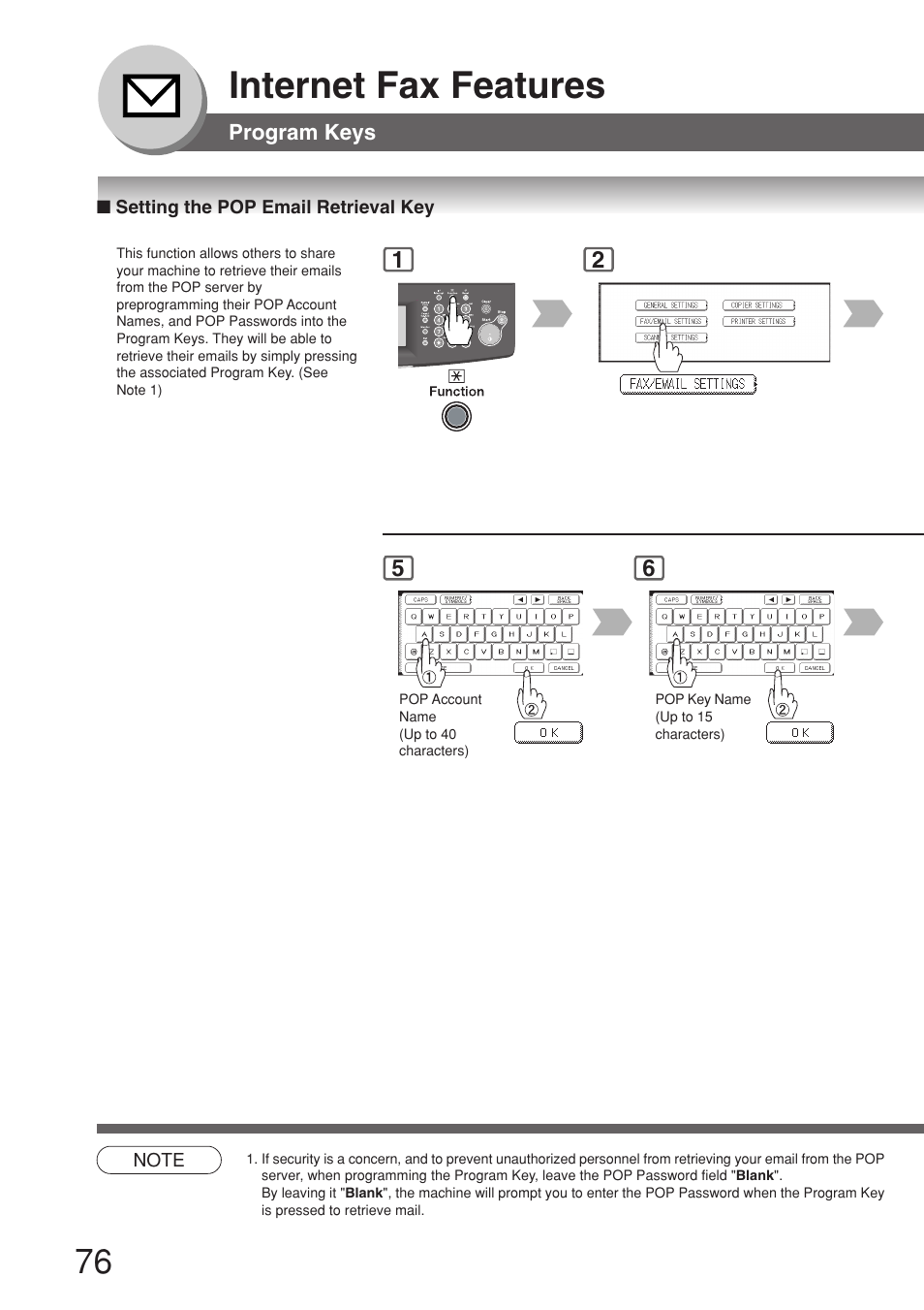 Program keys, Setting the pop email retrieval key, Internet fax features | Panasonic 8045 User Manual | Page 76 / 196