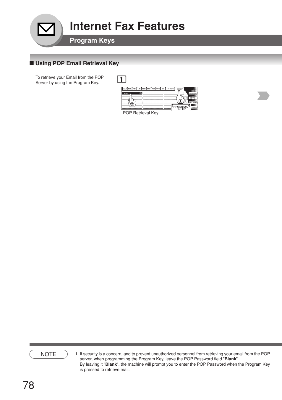 Using pop email retrieval key, Internet fax features | Panasonic 8045 User Manual | Page 78 / 196