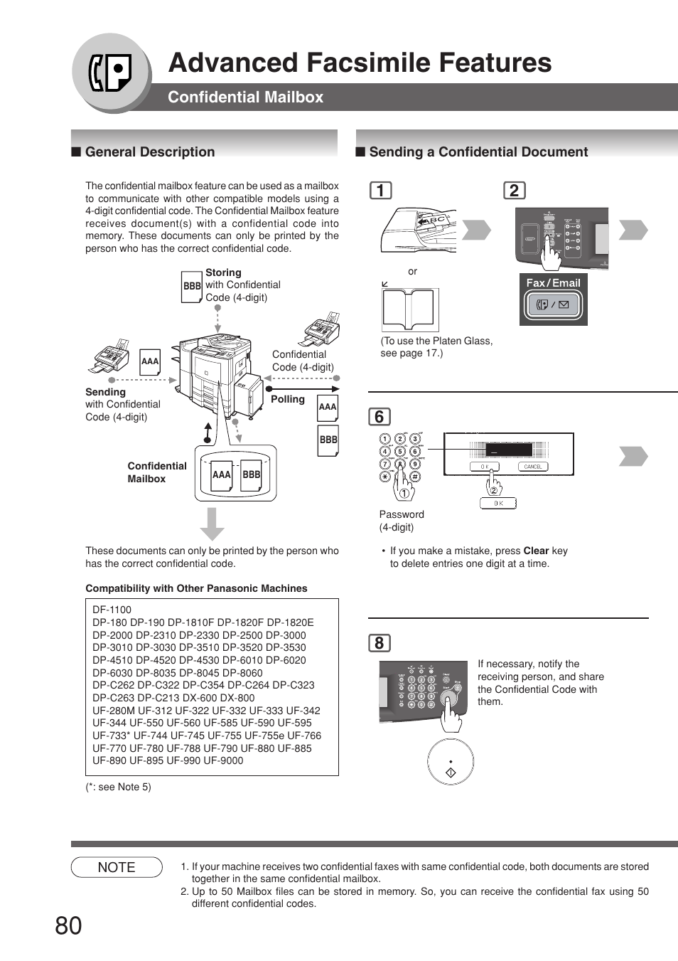 Advanced facsimile features, Confidential mailbox, General description | Sending a confidential document | Panasonic 8045 User Manual | Page 80 / 196