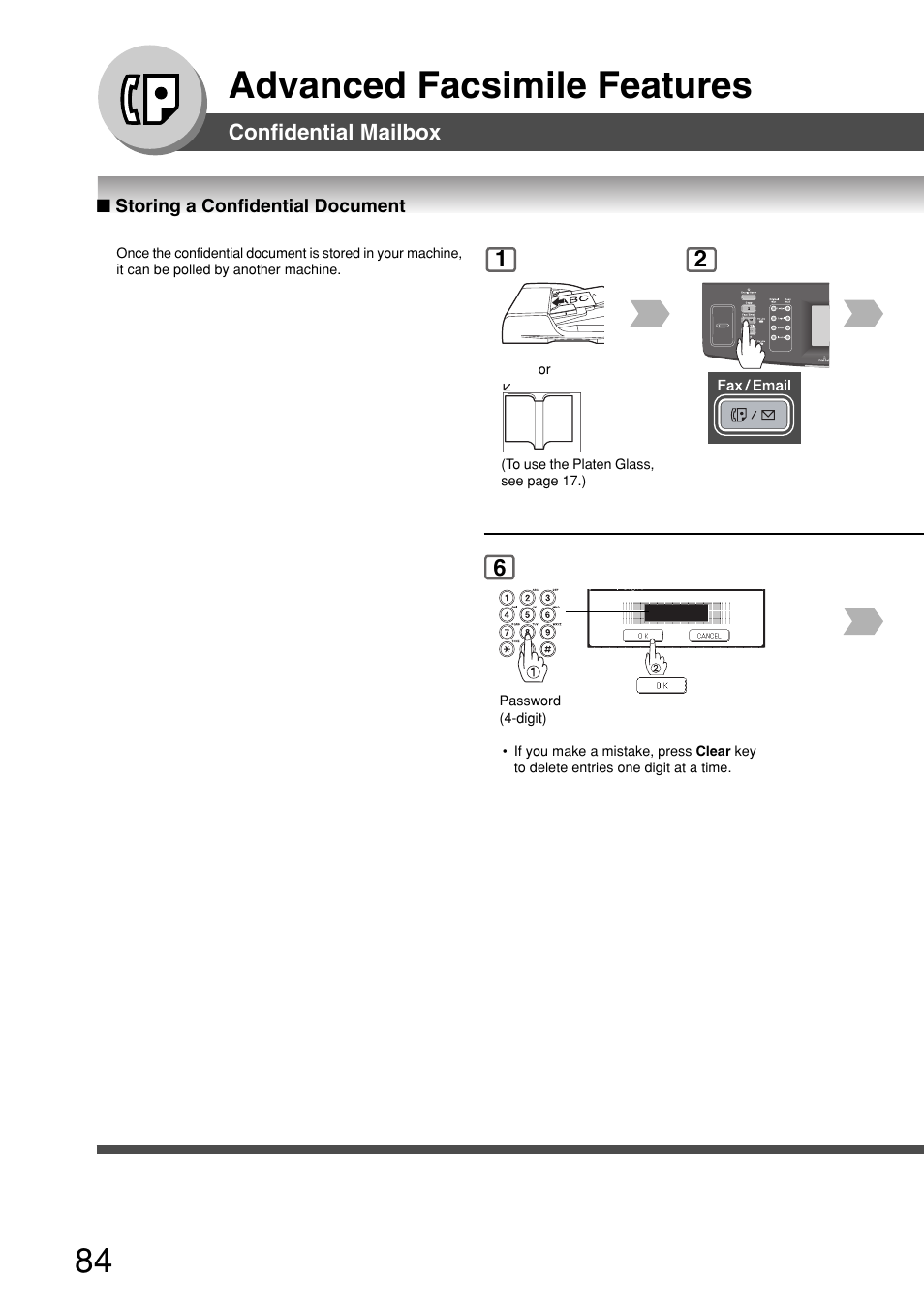 Storing a confidential document, Advanced facsimile features | Panasonic 8045 User Manual | Page 84 / 196