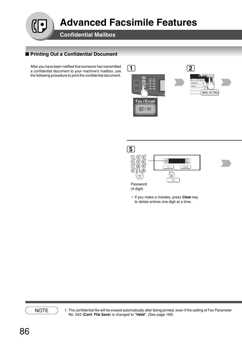 Printing out a confidential document, Advanced facsimile features | Panasonic 8045 User Manual | Page 86 / 196