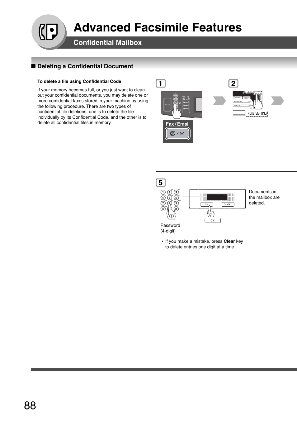 Deleting a confidential document, Advanced facsimile features | Panasonic 8045 User Manual | Page 88 / 196