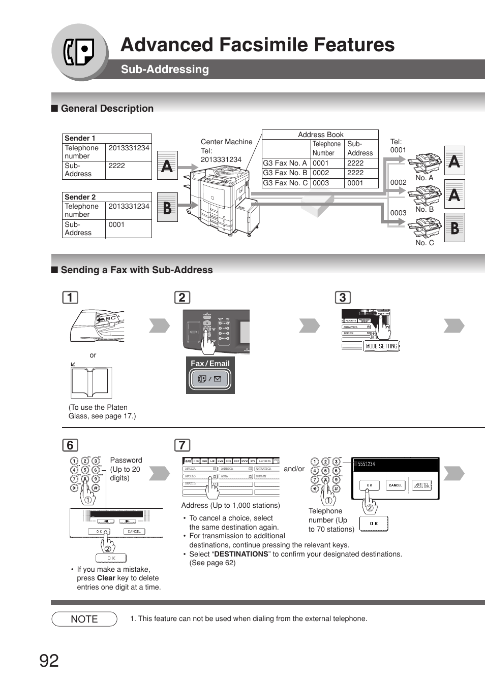 Sub-addressing, General description, Sending a fax with sub-address | Advanced facsimile features | Panasonic 8045 User Manual | Page 92 / 196