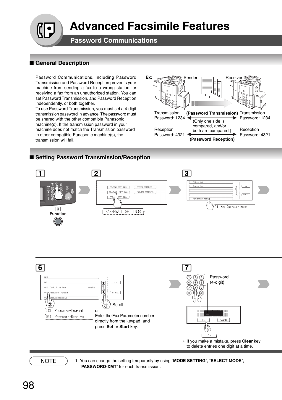 Password communications, General description, Setting password transmission/reception | Advanced facsimile features | Panasonic 8045 User Manual | Page 98 / 196