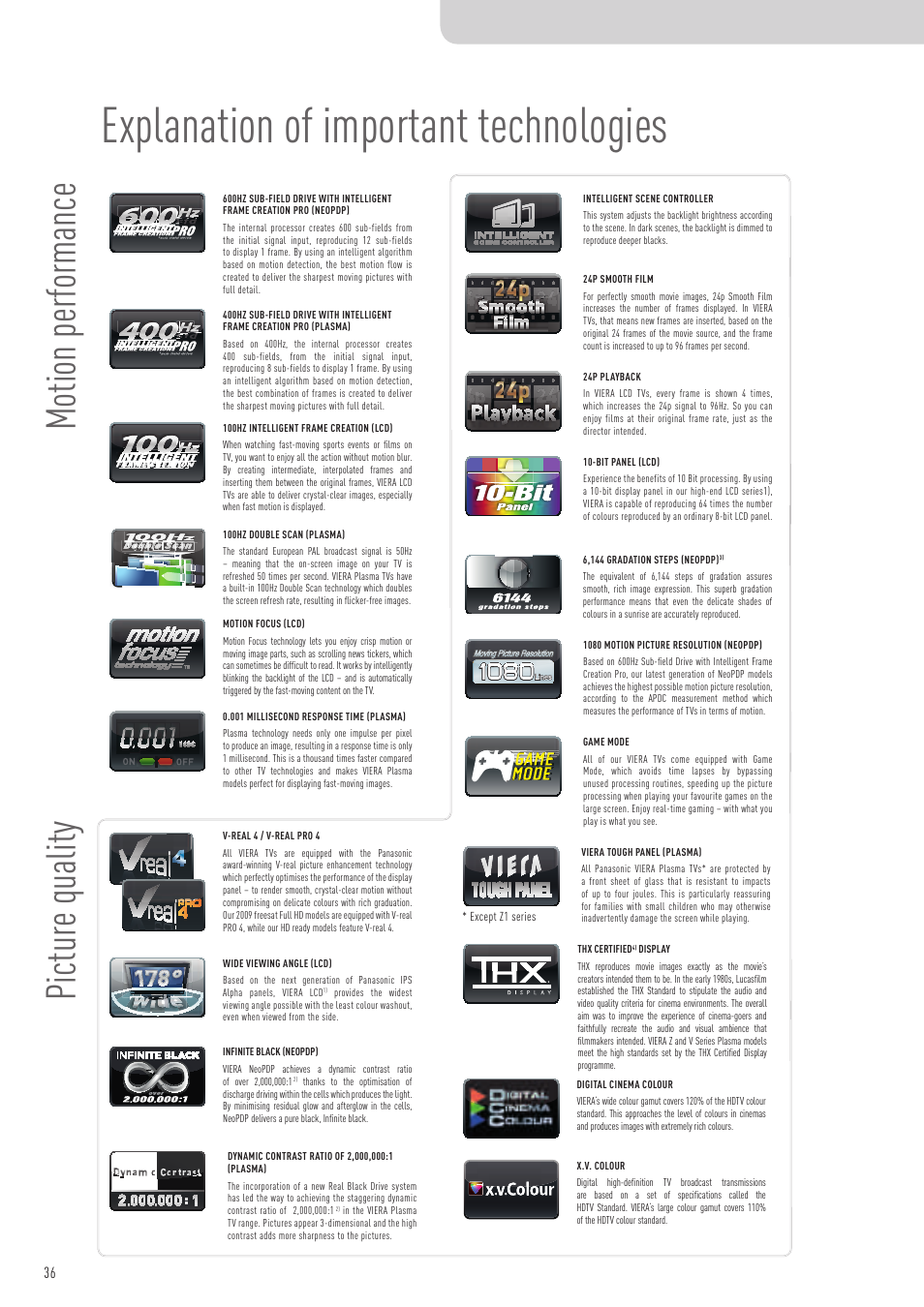 Explanation of important technologies, Motion perf ormance pictur e quality | Panasonic VIERA TX-P50G10B User Manual | Page 38 / 47