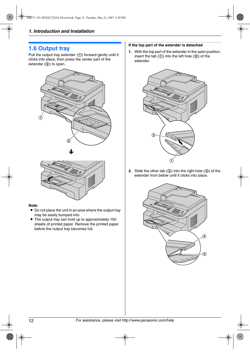 6 output tray, Output tray, 6 output tray | Panasonic KX-MB271 User Manual | Page 12 / 96