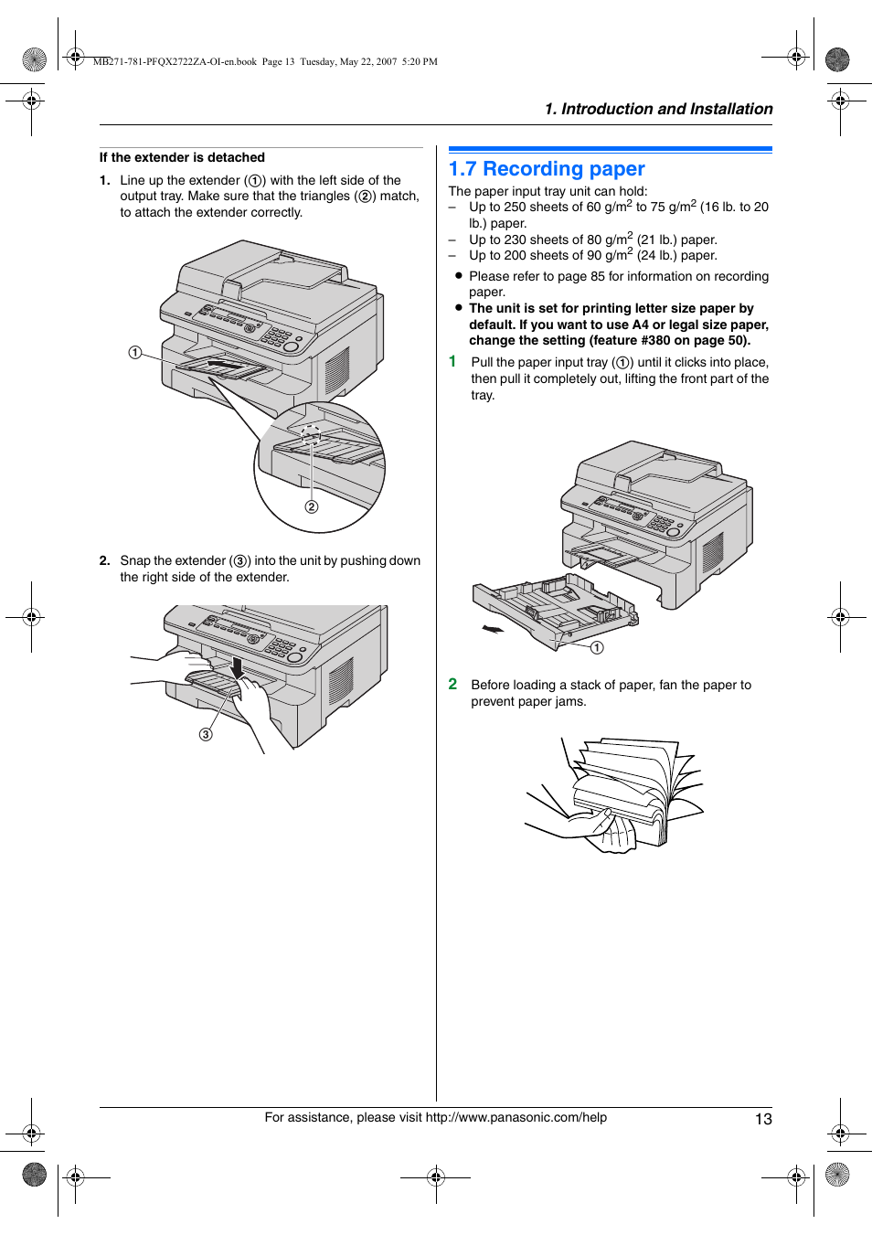 7 recording paper, Recording paper, 7 recording paper | Panasonic KX-MB271 User Manual | Page 13 / 96