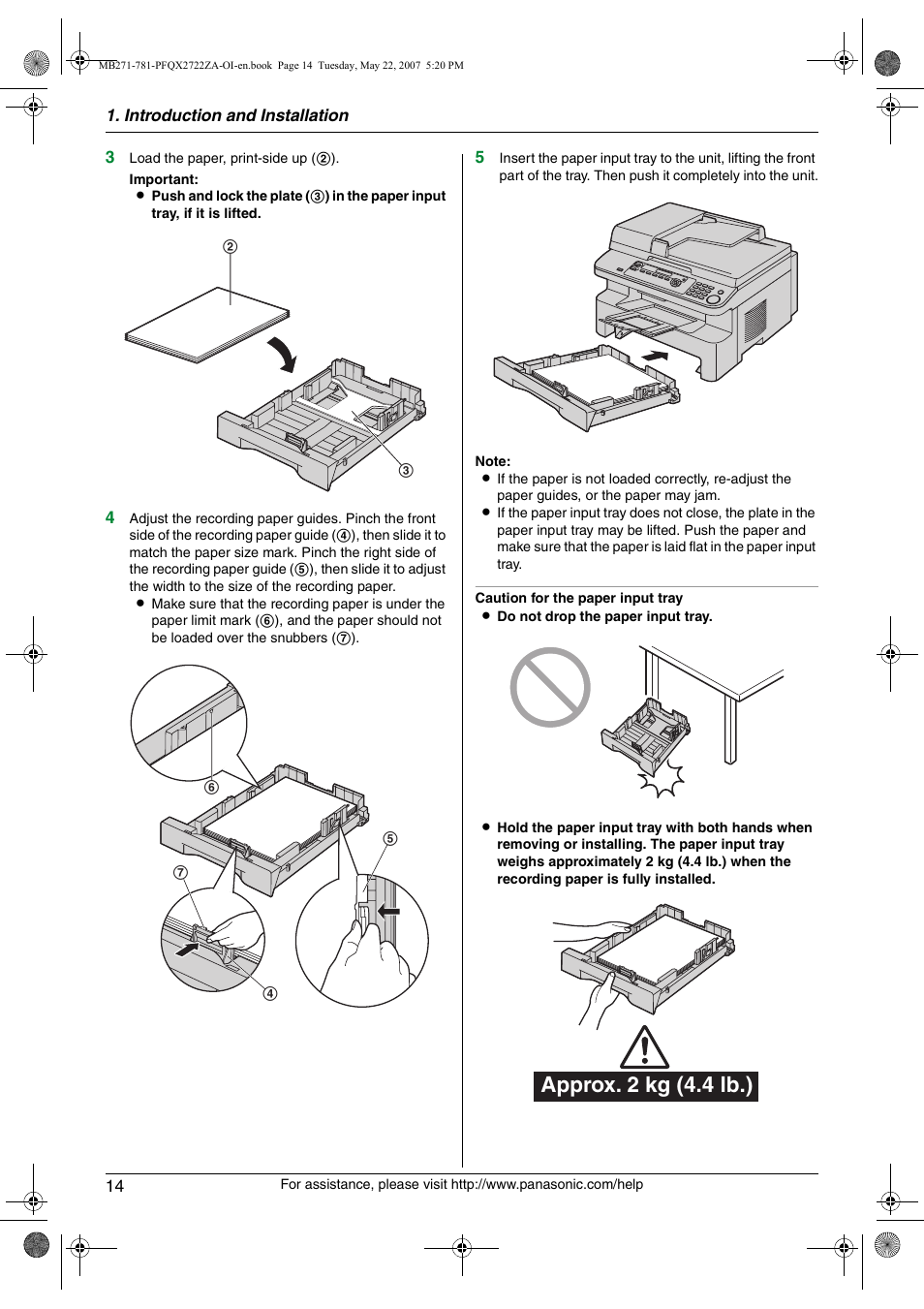 Approx. 2 kg (4.4 lb.) | Panasonic KX-MB271 User Manual | Page 14 / 96
