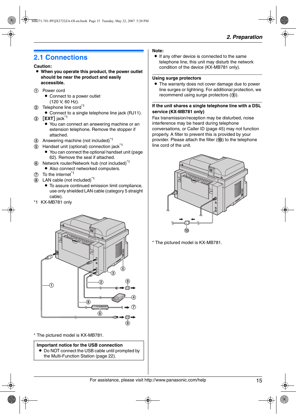Preparation, Connections and setup, 1 connections | Connections, 1 connections, Preparation 15 | Panasonic KX-MB271 User Manual | Page 15 / 96