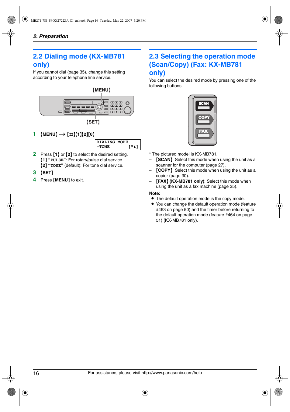 2 dialing mode (kx-mb781 only), Dialing mode (kx-mb781 only), 2 dialing mode (kx-mb781 only) | Panasonic KX-MB271 User Manual | Page 16 / 96