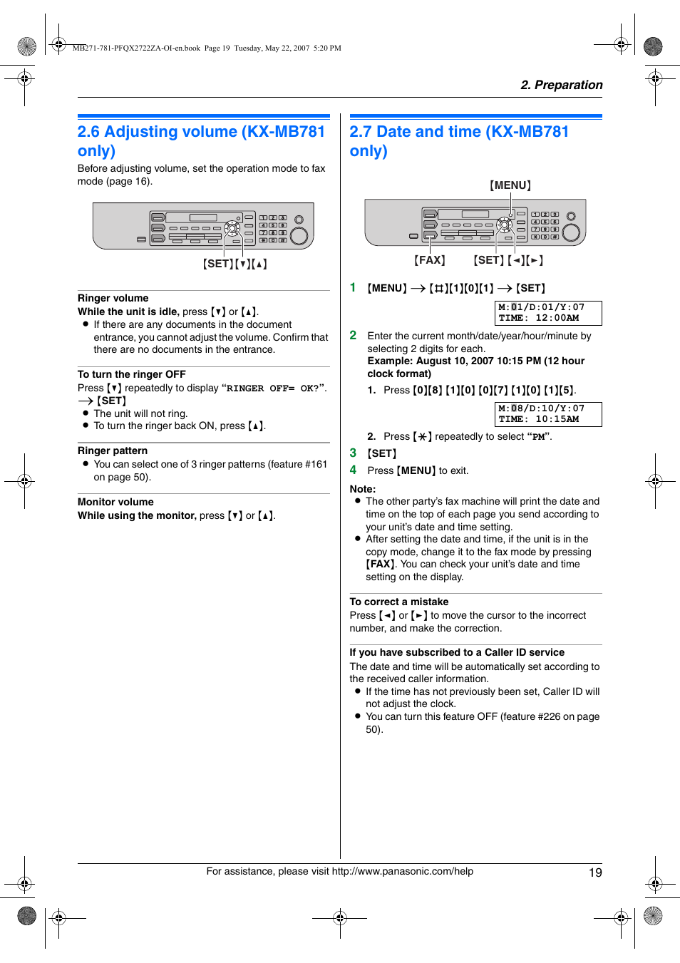Volume, 6 adjusting volume (kx-mb781 only), Initial programming | 7 date and time (kx-mb781 only), Adjusting volume (kx-mb781 only), Date and time (kx-mb781 only), 6 adjusting volume (kx-mb781 only), 7 date and time (kx-mb781 only) | Panasonic KX-MB271 User Manual | Page 19 / 96