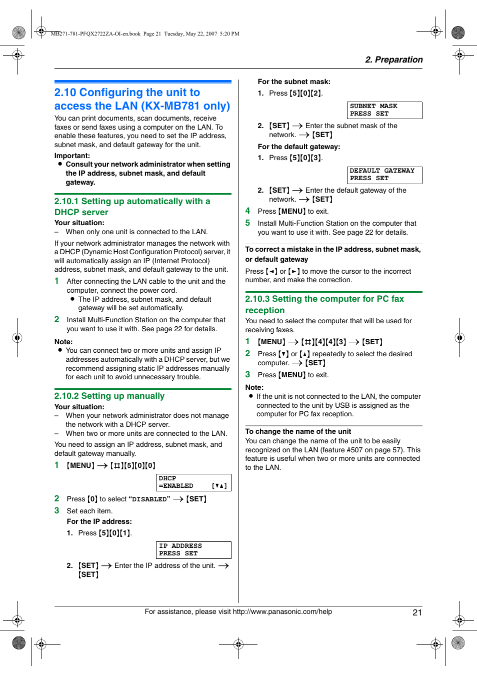 Configuring the unit to access the lan (kx, Mb781 only) | Panasonic KX-MB271 User Manual | Page 21 / 96