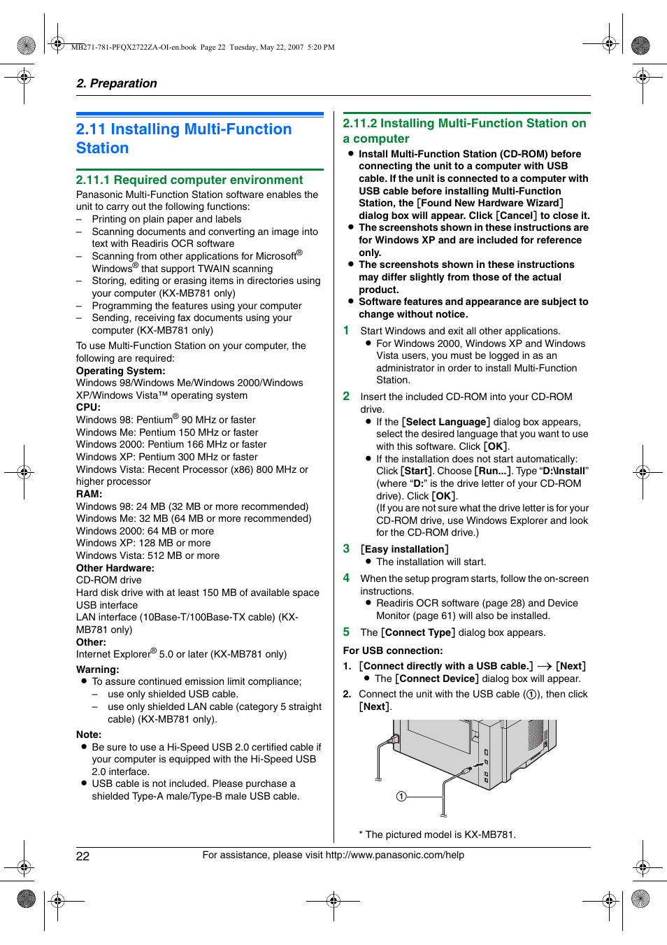 11 installing multi-function station, Installing multi-function station, 11 installing multi-function station | Panasonic KX-MB271 User Manual | Page 22 / 96