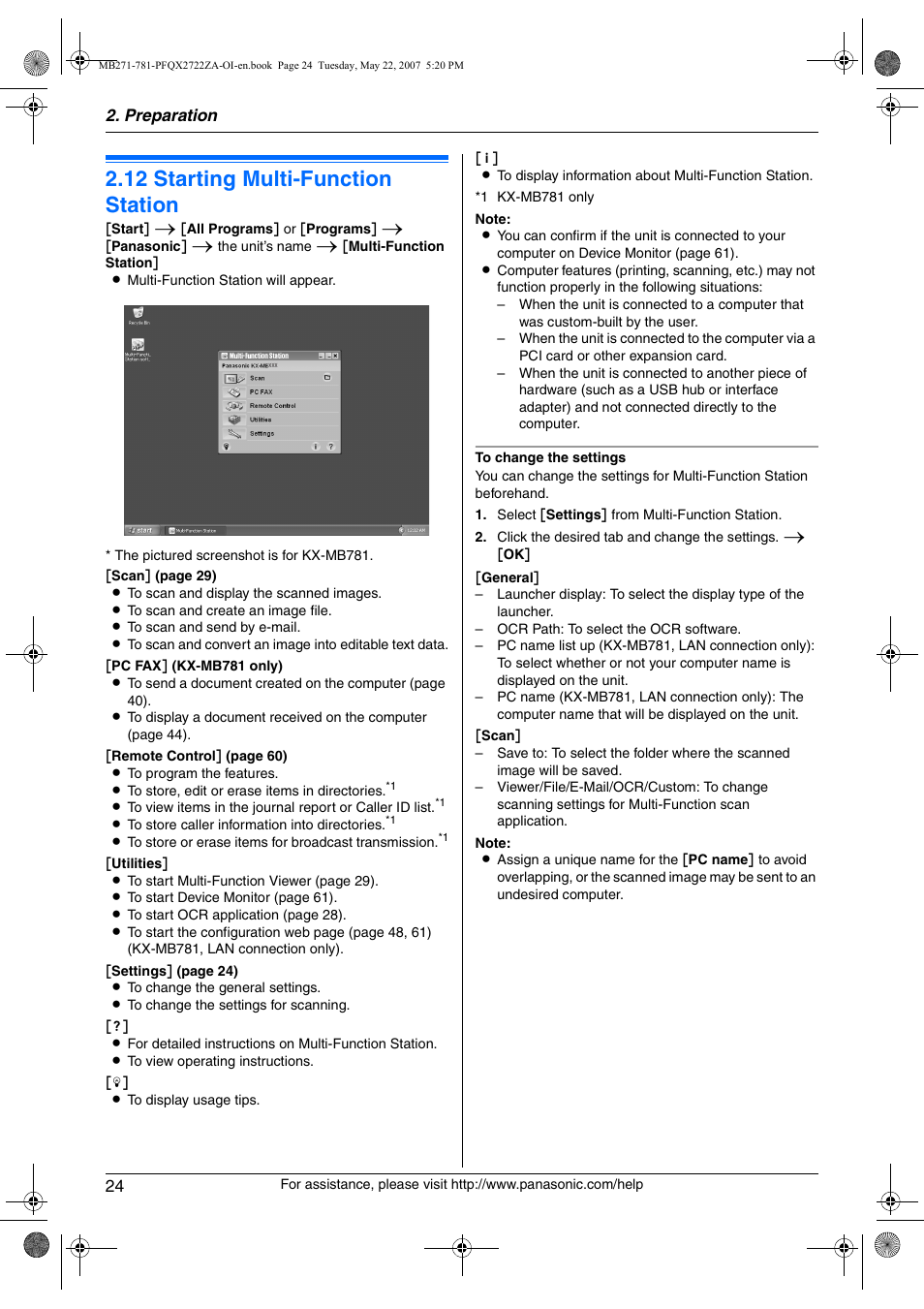 12 starting multi-function station, Starting multi-function station, 12 starting multi-function station | Panasonic KX-MB271 User Manual | Page 24 / 96