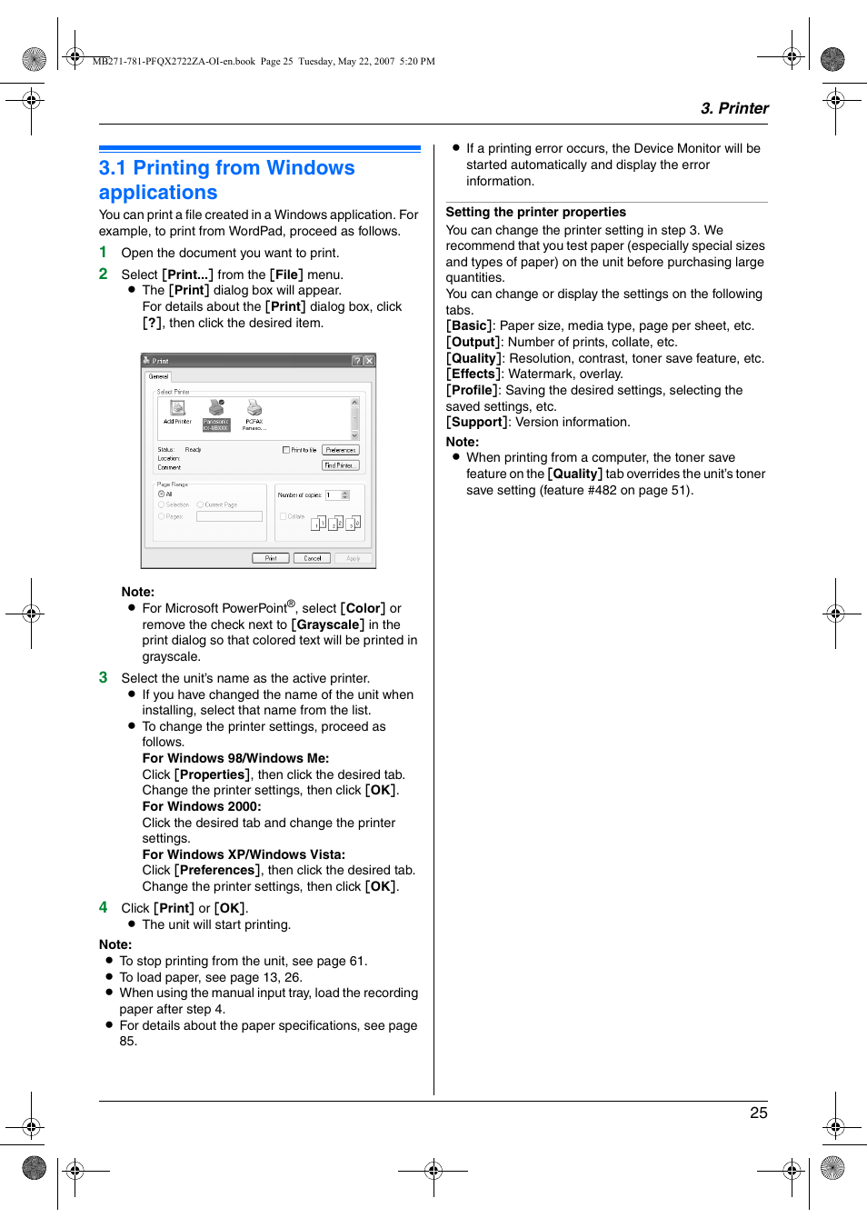 Printer, 1 printing from windows applications, Printing from windows applications | 1 printing from windows applications | Panasonic KX-MB271 User Manual | Page 25 / 96