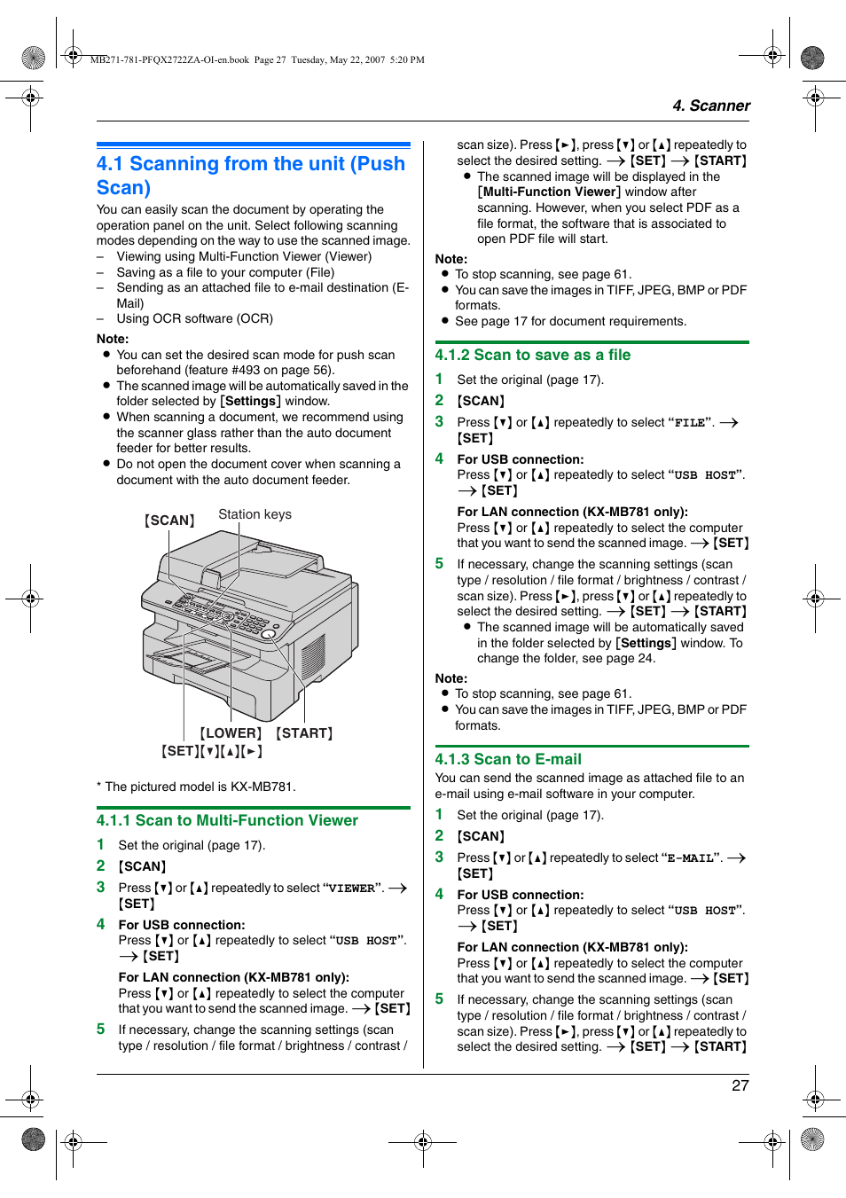 Scanner, 1 scanning from the unit (push scan), Scanning from the unit (push scan) | 1 scanning from the unit (push scan) | Panasonic KX-MB271 User Manual | Page 27 / 96
