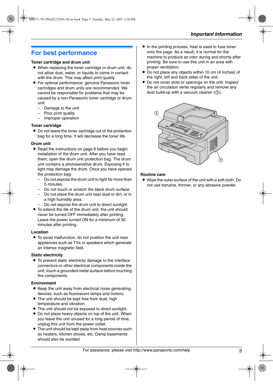 Important information, For best performance | Panasonic KX-MB271 User Manual | Page 3 / 96