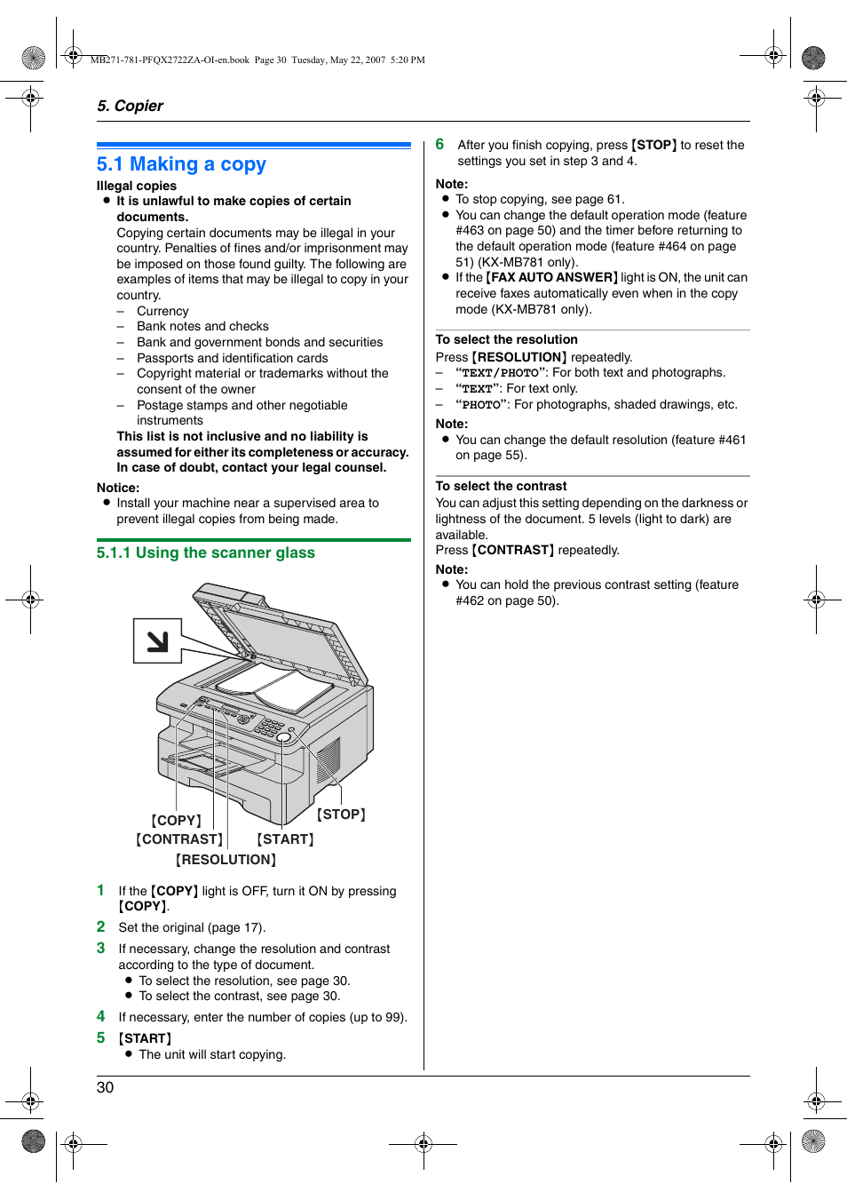Copier, Copy, 1 making a copy | Making a copy, 1 making a copy | Panasonic KX-MB271 User Manual | Page 30 / 96